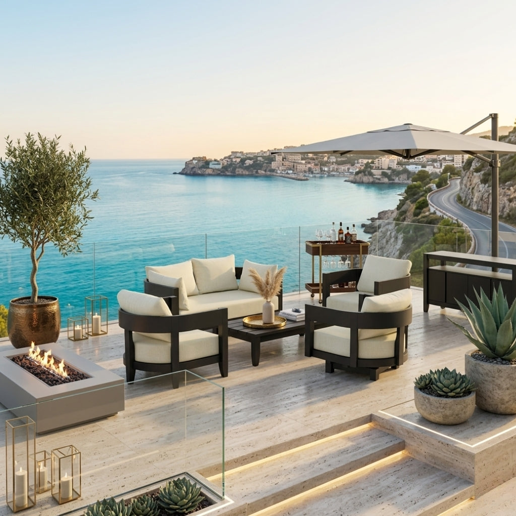 Anderson Teak Coronado 5-piece aluminum outdoor sofa set with deep seating in cast pomegranate, designed for garden lounge.