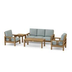 Southbay Teak outdoor sofa set by Anderson Teak featuring deep seating in vibrant pomegranate color, suitable for garden lounge.