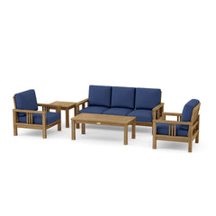 Southbay outdoor teak sofa set by Anderson Teak, deep seating with plush cushions in pomegranate color for garden lounge.
