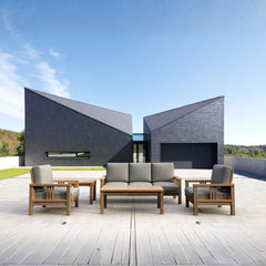 Southbay Teak Wood outdoor sofa set by Anderson Teak, deep seating with colorful cushions, perfect for garden lounge.