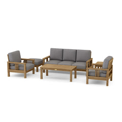 Southbay teak outdoor sofa from Anderson Teak, deep seating patio set in pomegranate color with lush cushions and modern design.