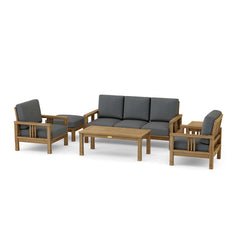 Anderson Teak Southbay outdoor sofa set in vibrant cast pomegranate color, deep seating for garden patio lounging.