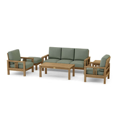 Anderson Teak Southbay outdoor sofa set with deep teak wood seating, available in 9 designer colors, for garden lounge relaxation.