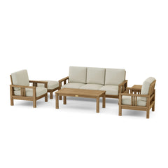 Southbay Teak Wood outdoor sofa set by Anderson Teak featuring deep seating, in vibrant pomegranate color for garden lounge comfort.