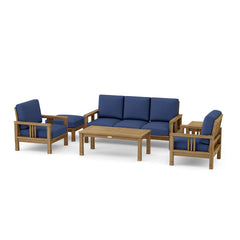 Southbay teak outdoor sofa set by Anderson Teak with deep seating, in vibrant cast pomegranate color for garden lounge comfort.