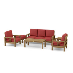 Anderson Teak Southbay outdoor sofa set with deep seating, featuring vibrant pomegranate-colored cushions and a teak wood frame.