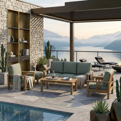 Anderson Teak SouthBay outdoor sofa set in cast pomegranate color, featuring deep seating for outdoor garden lounge.