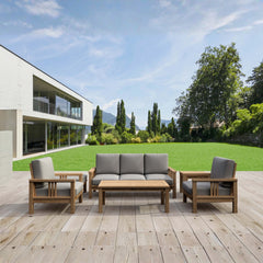 Southbay Teak outdoor sofa set by Anderson Teak with deep seating, in vibrant pomegranate color, for garden lounge comfort.
