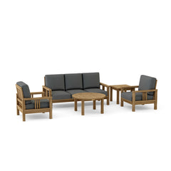 Southbay Teak Wood outdoor sofa set by Anderson Teak, deep seating 5-piece patio lounge in pomegranate color, with cushions.