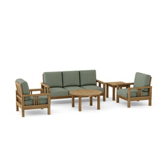 Southbay Teak outdoor sofa set by Anderson Teak, deep seating 5-piece patio lounge in pomegranate color with cushions.