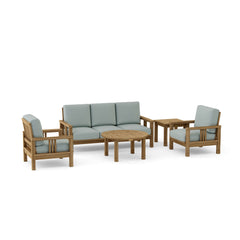 Southbay Teak Outdoor Sofa Set by Anderson Teak, 5-piece deep seating patio furniture in vibrant cast pomegranate color.