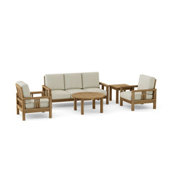 Outdoor Anderson Teak Southbay 5-piece deep seating sofa set in cast pomegranate color, designed for garden lounge comfort.