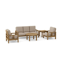 Outdoor teak sofa set with deep seating, in cast pomegranate color, featuring five pieces from Anderson Teak for garden lounge use.