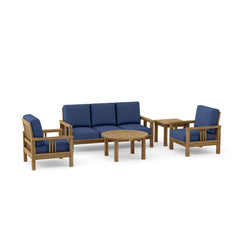 Southbay Teak outdoor sofa set with deep seating, five pieces, in cast Pomegranate color from Anderson Teak for garden lounge.