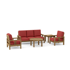 SouthBay Teak outdoor sofa set by Anderson Teak with deep seating, five-piece design, in vibrant cast pomegranate color.