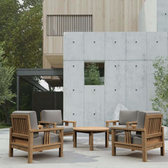 Southbay Teak Wood outdoor sofa set with four armchairs and a table in cast pomegranate, by Anderson Teak for garden lounging.