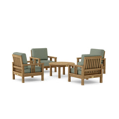 Southbay Teak Wood outdoor sofa set with four armchairs and a table in vibrant pomegranate color, designed for garden lounge by Anderson Teak.