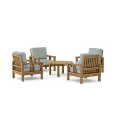 Southbay teak wood outdoor sofa set with four armchairs and a table in pomegranate color, designed for garden lounge by Anderson Teak.