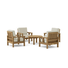 Southbay Teak Wood outdoor sofa set with 4 armchairs and table, in vibrant Pomegranate color, by Anderson Teak for garden lounge.