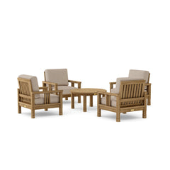 Southbay teak wood outdoor sofa set with four armchairs and table, in pomegranate color, by Anderson Teak for garden lounge.