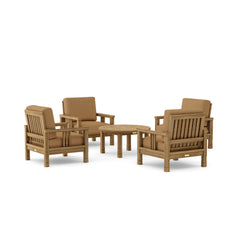 Anderson Teak Southbay Teak Wood outdoor sofa set with four armchairs and a table in vibrant cast pomegranate color.
