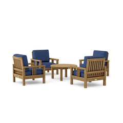 Southbay Teak Wood outdoor sofa set with 4 armchairs and table in vibrant pomegranate color, designed for garden lounge by Anderson Teak.
