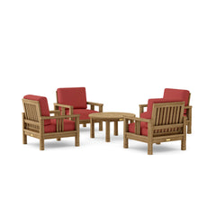 Southbay teak wood outdoor sofa set with 4 armchairs and table in vibrant pomegranate color by Anderson Teak.