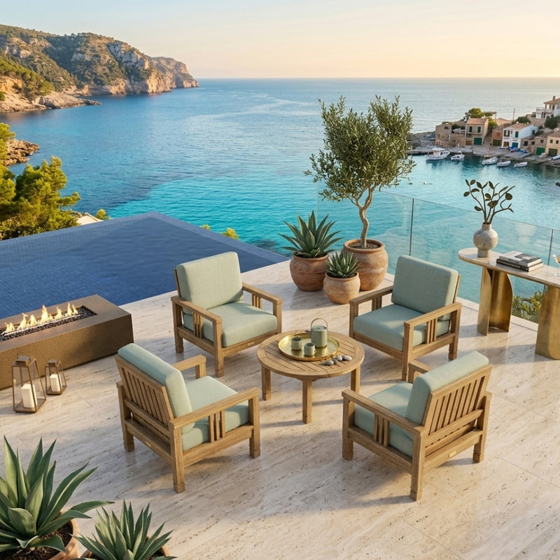 Southbay Teak Wood outdoor sofa set with four armchairs and a table, in vibrant pomegranate color by Anderson Teak.