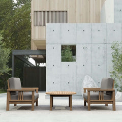 Southbay Teak Wood outdoor sofa set with two armchairs and a table, in vibrant Pomegranate color from Anderson Teak.