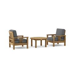 Southbay Teak Wood outdoor sofa set featuring two armchairs and a table in vibrant pomegranate color by Anderson Teak.