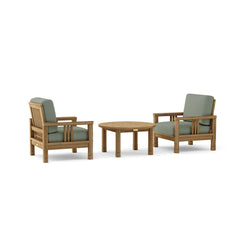 Anderson Teak Southbay outdoor sofa set with two armchairs and table in cast pomegranate color, designed for garden lounging.