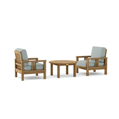 Southbay Teak Wood outdoor sofa set with two armchairs and table in vibrant pomegranate color, perfect for garden lounge by Anderson Teak.