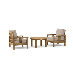 Southbay Teak Wood outdoor sofa set with two armchairs and table in vibrant pomegranate color by Anderson Teak for garden lounge.