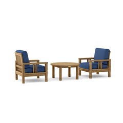 Southbay Teak Wood outdoor sofa set with two armchairs and a table in vibrant Pomegranate color by Anderson Teak.