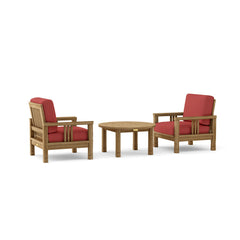 Southbay Teak Wood outdoor sofa set with two armchairs and a table in vibrant pomegranate color by Anderson Teak.