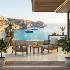 Anderson Teak Southbay outdoor sofa set with two armchairs and a table in vibrant pomegranate color for garden lounge.