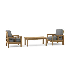 Southbay Teak Wood deep seating 3-piece outdoor sofa set by Anderson Teak with two armchairs and table in cast pomegranate color.