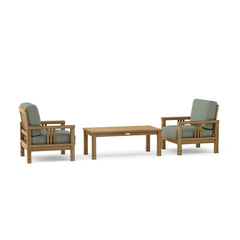 Southbay teak wood outdoor sofa set with two armchairs and table in vibrant cast pomegranate color by Anderson Teak.