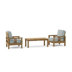 Southbay Teak Wood outdoor sofa set with 2 armchairs and table in pomegranate color by Anderson Teak for garden lounge.