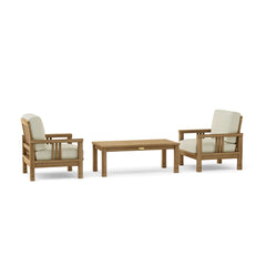 Anderson Teak Southbay outdoor sofa set with two armchairs and table in cast pomegranate color, perfect for garden lounging.