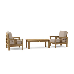 Southbay Teak Wood Outdoor Sofa 3-Piece Set with 2 armchairs and table in cast pomegranate color by Anderson Teak.