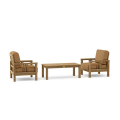 Southbay Teak Wood Outdoor Sofa Set with 2 armchairs and table in vibrant cast pomegranate color by Anderson Teak.