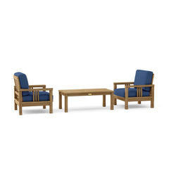 Southbay Teak Wood outdoor sofa set with 2 armchairs and table, available in 9 designer colors, by Anderson Teak.