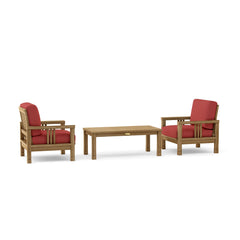 Southbay Teak Wood outdoor sofa set with two armchairs and table in vibrant pomegranate color, by Anderson Teak for garden lounge.