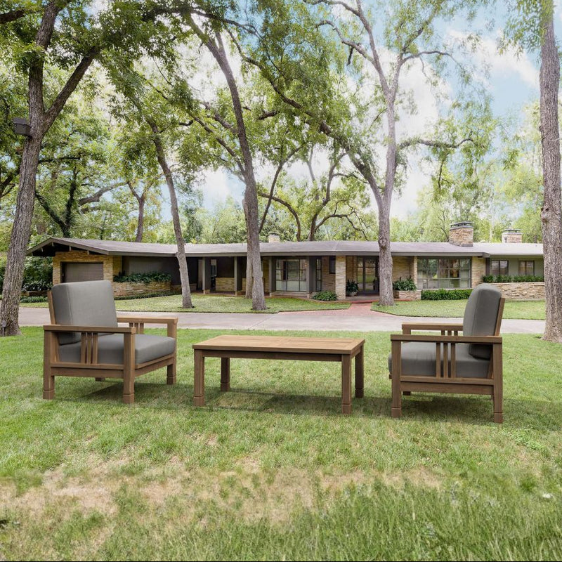 Southbay Teak Wood outdoor sofa set with two armchairs and table in cast pomegranate color by Anderson Teak for garden lounge.