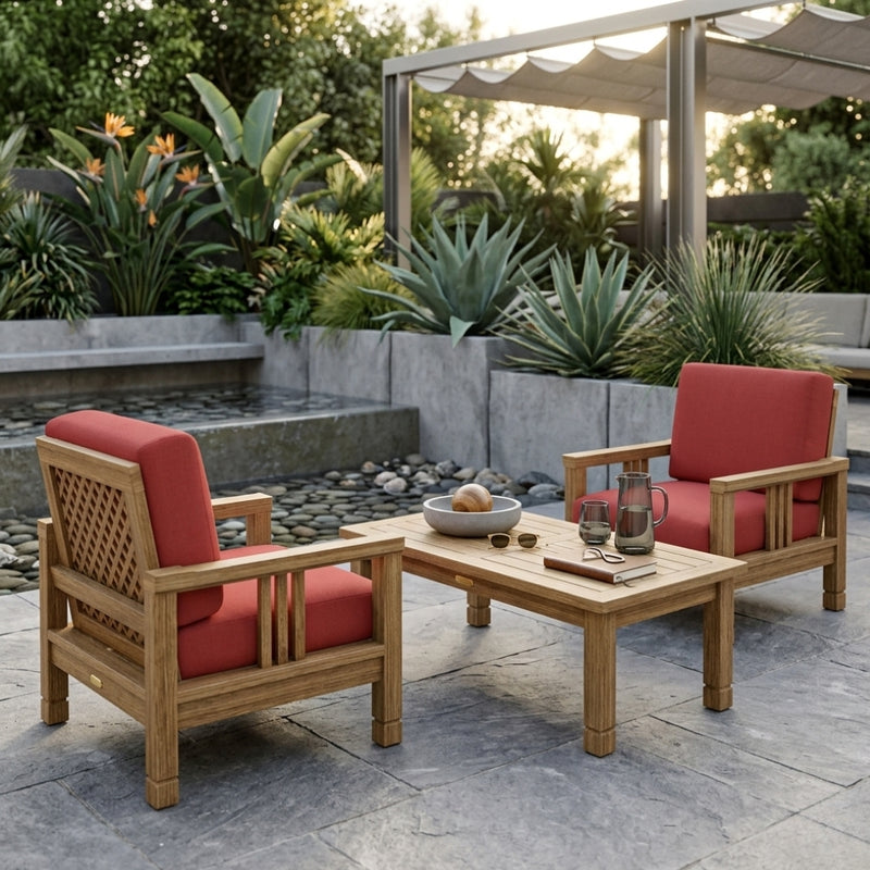 Southbay Teak Wood 3-piece outdoor patio set with 2 armchairs and table, in pomegranate color, by Anderson Teak.