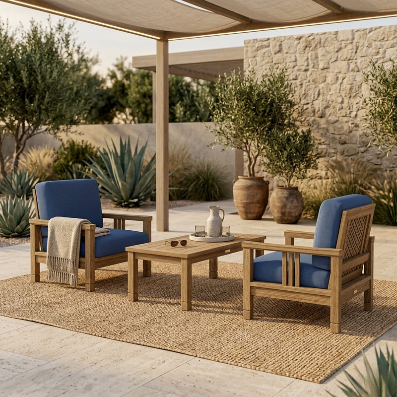 Anderson Teak Southbay Teak Wood Deep Seating 3-Piece Outdoor Sofa Set with two armchairs and table in Pomegranate color.