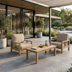 Southbay Teak Wood Deep Seating 3-Piece outdoor patio set with 2 armchairs and table in vibrant pomegranate color by Anderson Teak.