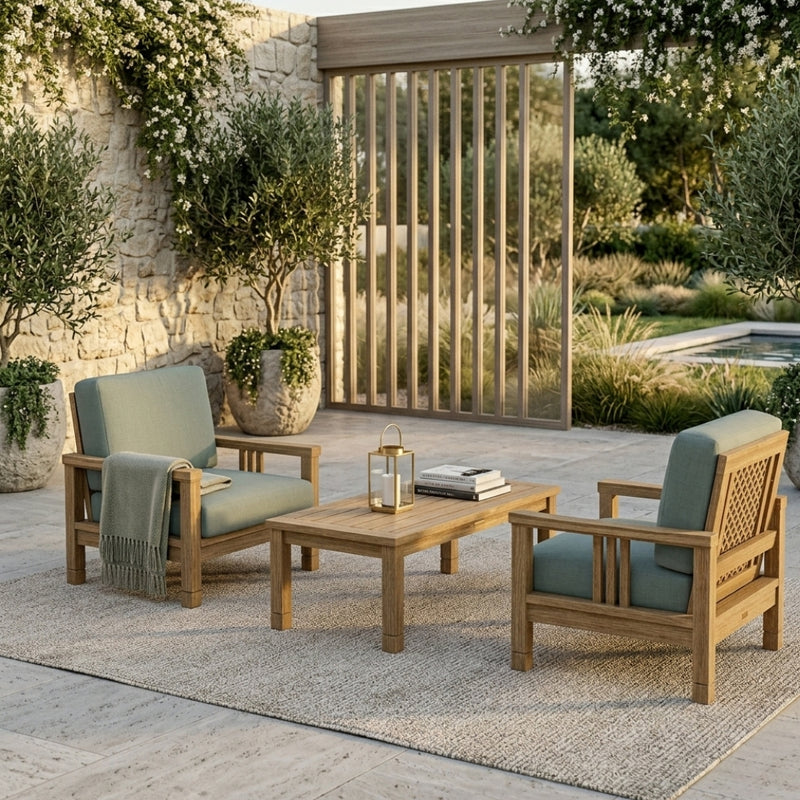 Southbay Teak Wood Outdoor Sofa Set with 2 armchairs and table in vibrant pomegranate color by Anderson Teak for garden lounging.