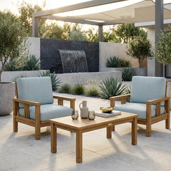 Outdoor Anderson Teak Southbay Teak Wood Deep Seating 3-Piece Set with 2 armchairs and table in cast pomegranate color.